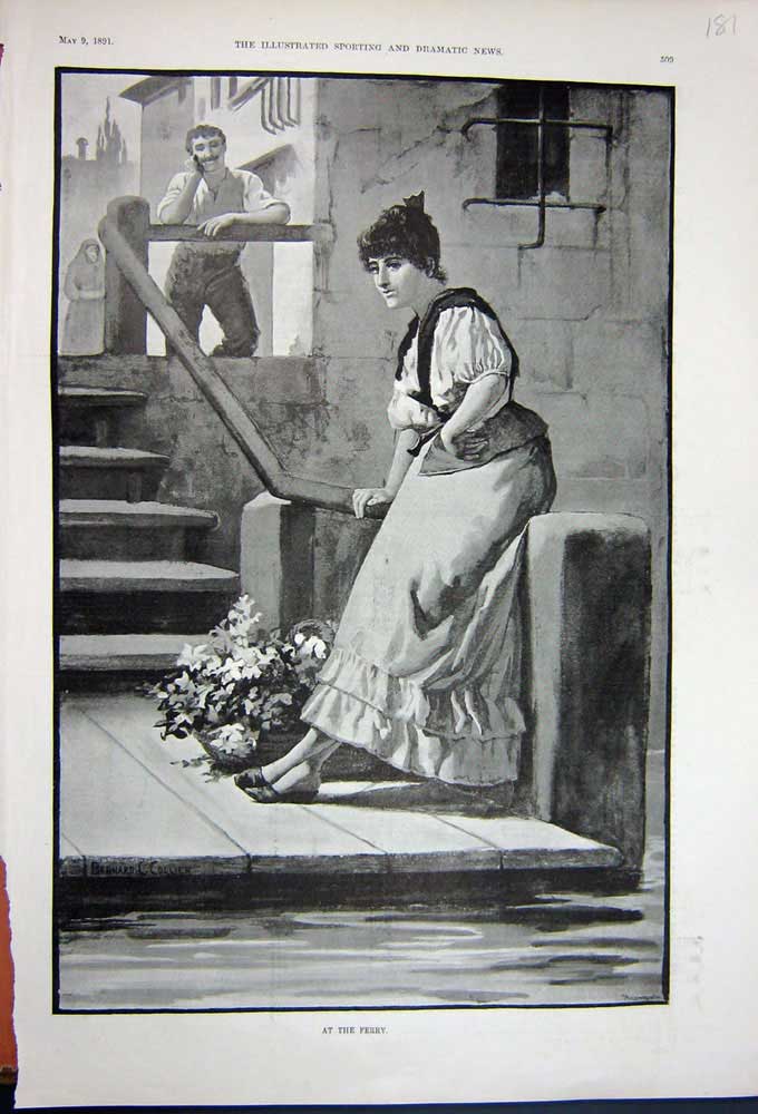 Original Old Antique Print 1891 Beautiful Young Women Flowers Basket Man Ferry