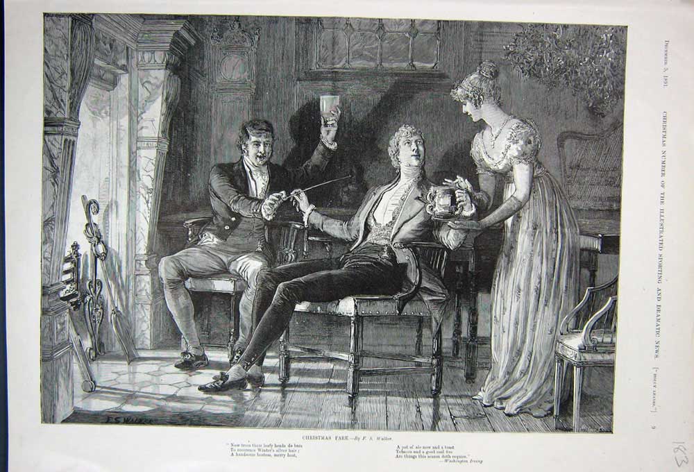 Original Old Antique Print 1891 Christmas Fare Lady Men Pipe Drink Fine Art