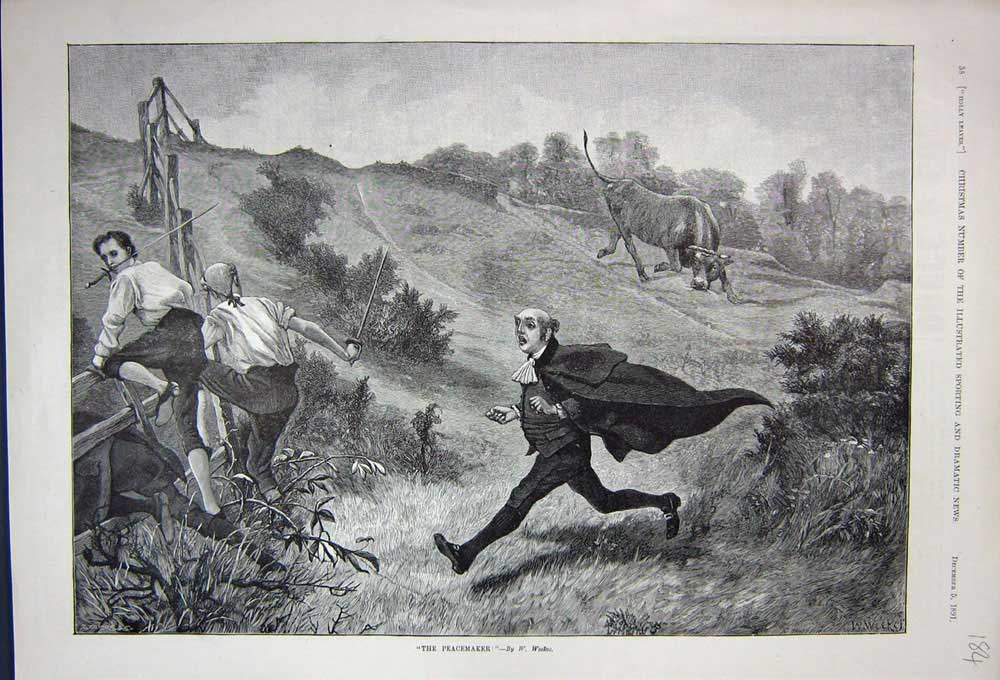 Old Antique Print 1891 Fine Art Country Scene Men Chased Bull Fence Trees 19th