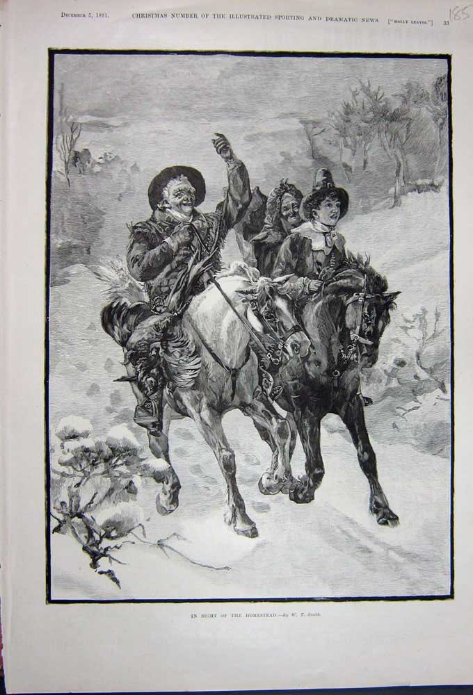Old Antique Print 1891 Man Woman Child Horses Snow Winter Trees Country 19th