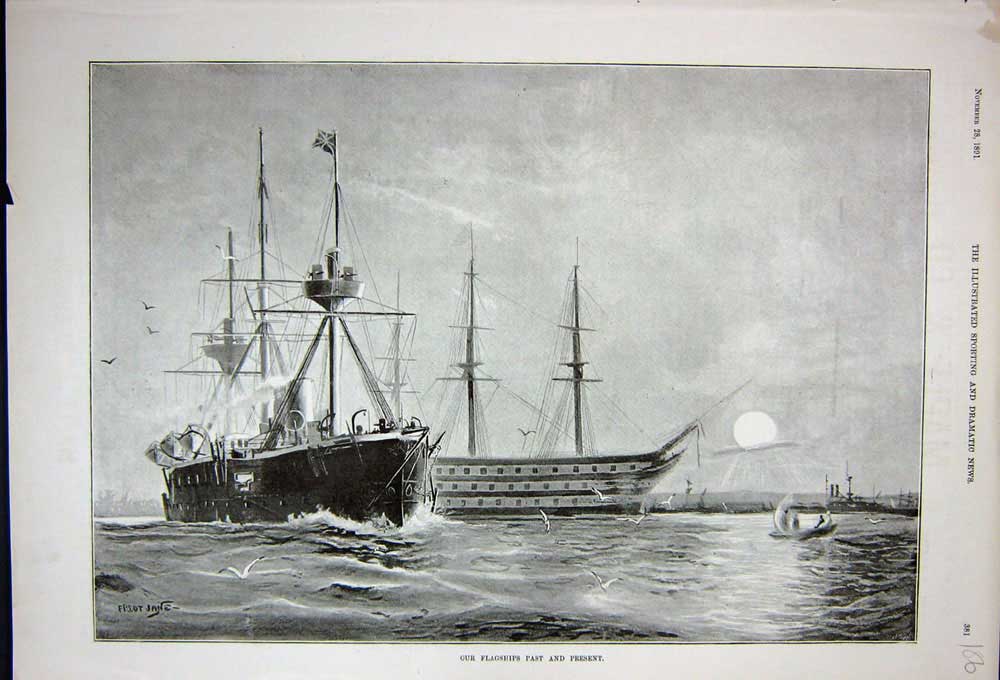 Original Old Antique Print 1891 Fine Art Flagships War Ships Boats Sun Birds