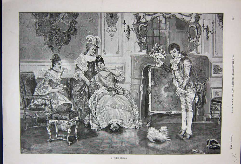 Original Old Antique Print 1891 Romance Man Women Ladies Puppy Dog House 19th