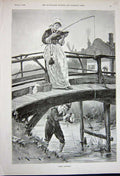 Original Old Antique Print 1891 Fine Art Lady Fishing Bridge Man River Stealing