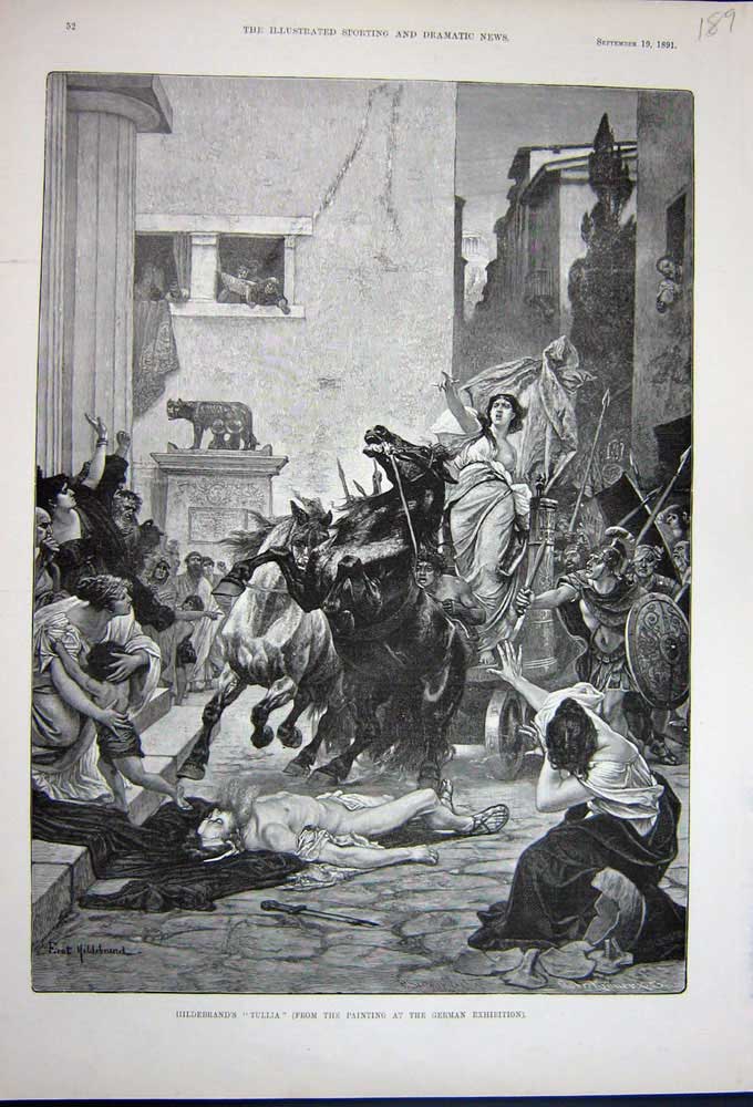 Original Old Antique Print 1891 Hildebrand'S Tullia Dead Man Street German Art