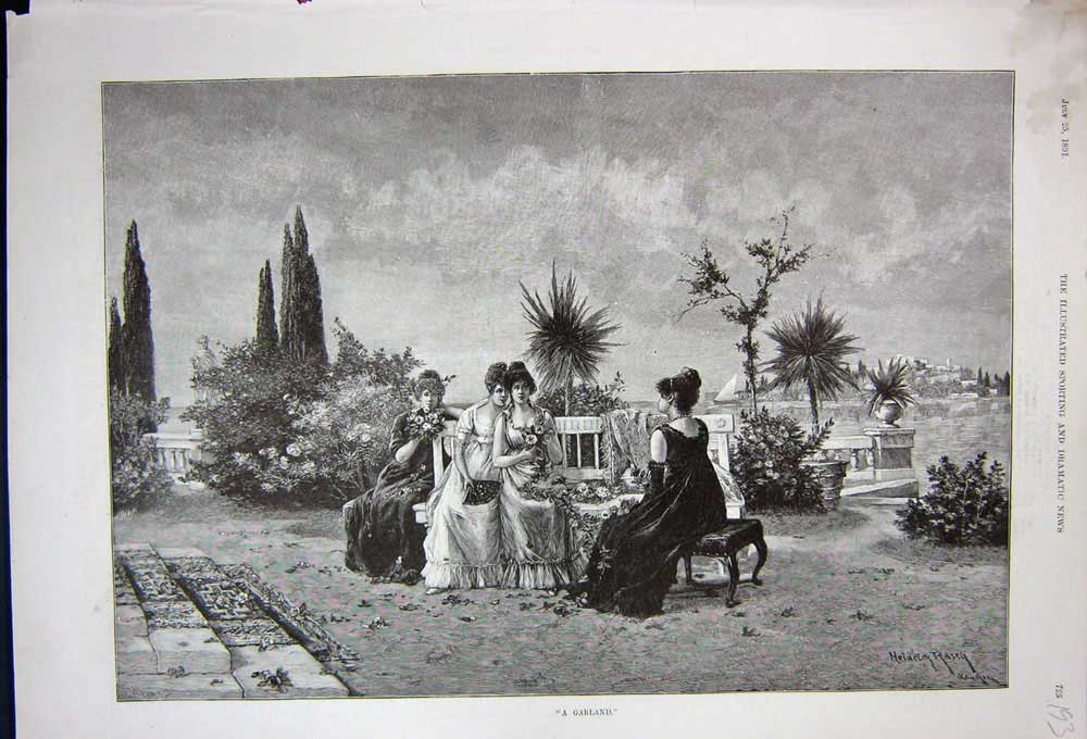 Original Old Antique Print 1891 Fine Art Beautiful Ladies Women Country Garden