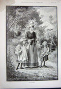Original Old Antique Print 1891 Mother Little Girls Wild Flowers Country Trees