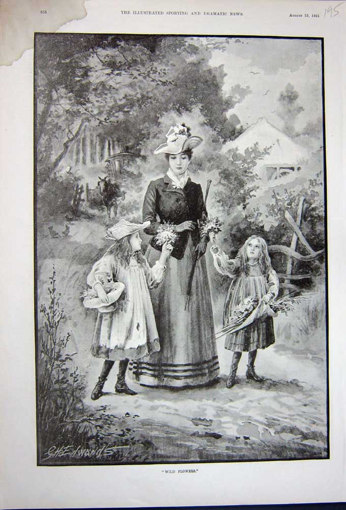 Original Old Antique Print 1891 Mother Little Girls Wild Flowers Country Trees