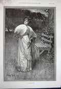 Original Old Antique Print 1891 Fine Art Beautiful Lady Country Flowers Trees