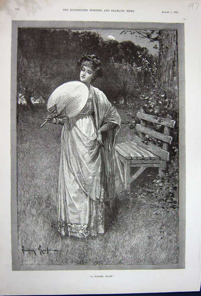 Original Old Antique Print 1891 Fine Art Beautiful Lady Country Flowers Trees