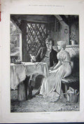 Original Old Antique Print 1891 Arbour Man Woman Romance Book Table Fine Art