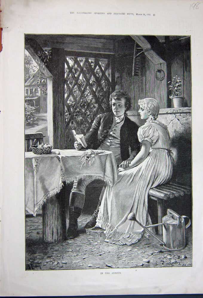 Original Old Antique Print 1891 Arbour Man Woman Romance Book Table Fine Art