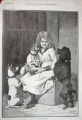 Original Old Antique Print 1891 Little Girl Puppy Dogs Feeding Pets Fine Art