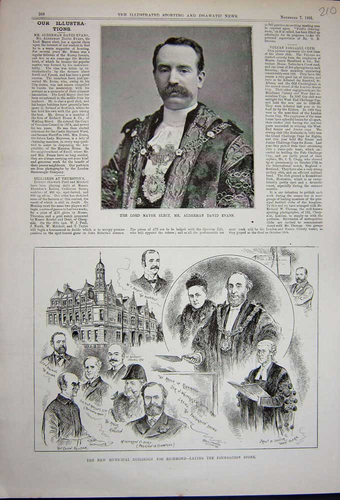 Original Old Antique Print 1891 Lord Mayor Alderman Evans Buildings Richmond