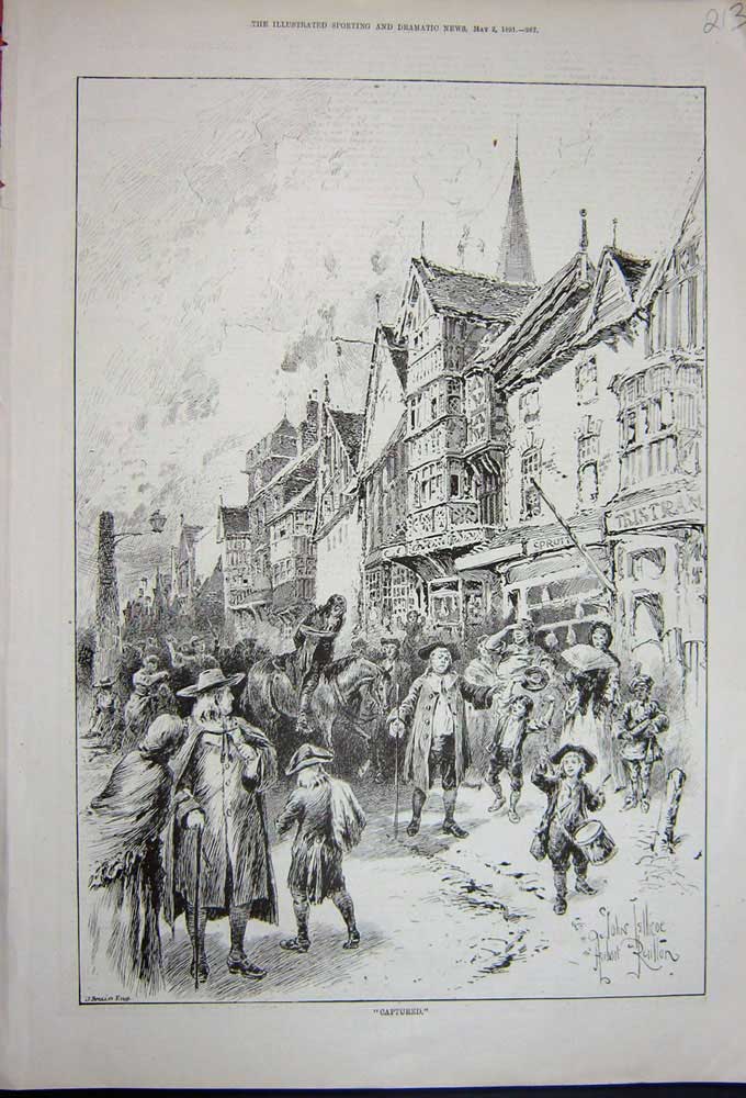 Original Old Antique Print 1891 Street Scene Children Horse Buildings Prisoner