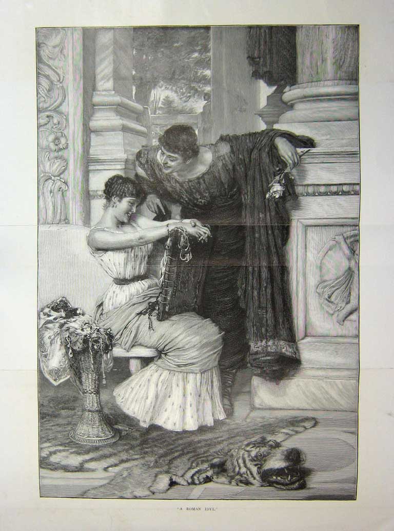 Original Old Antique Print 1891 Roman Idil Man Woman Romance Fine Art 19th