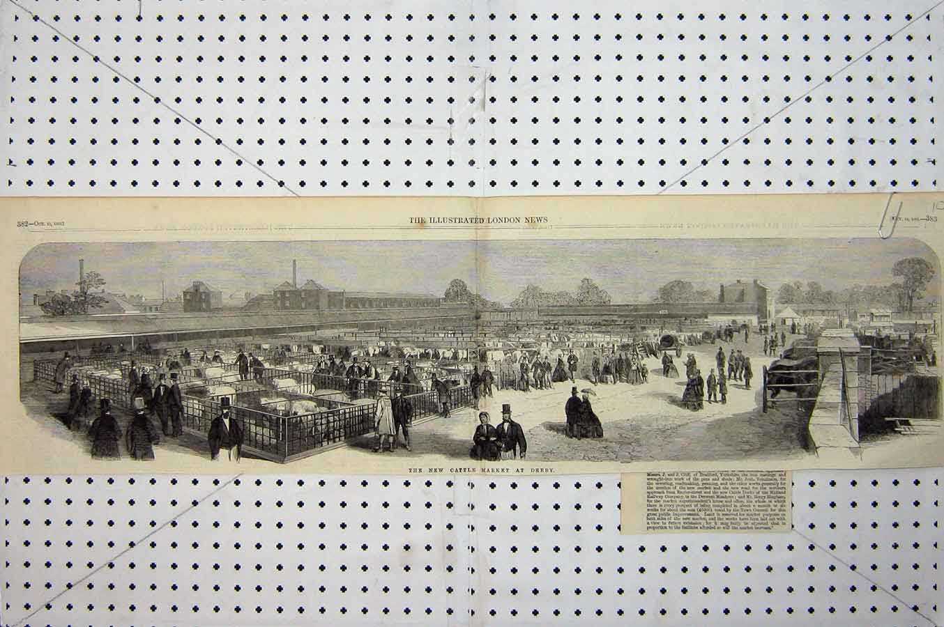 Original Old Antique Print 1861 New Cattle Market Derby Animals England Sale