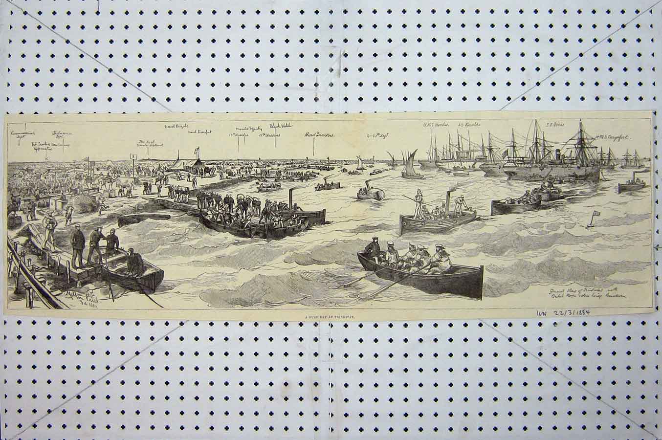 Original Old Antique Print 1884 Trinkitat Ships Boats Siers British Troops War