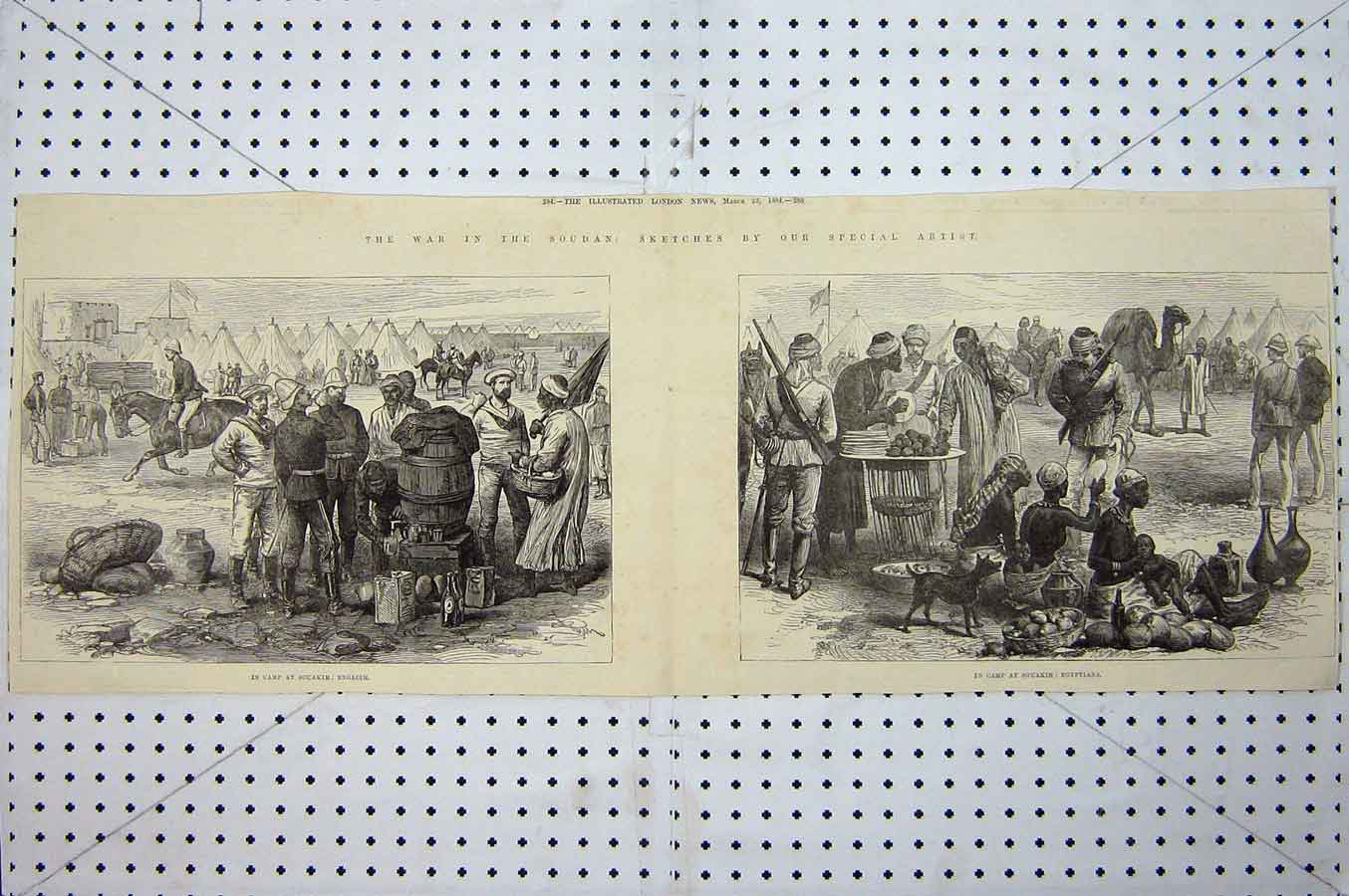 Original Old Antique Print War Soudan 1884 English Camp Souakim Egyptians Siers