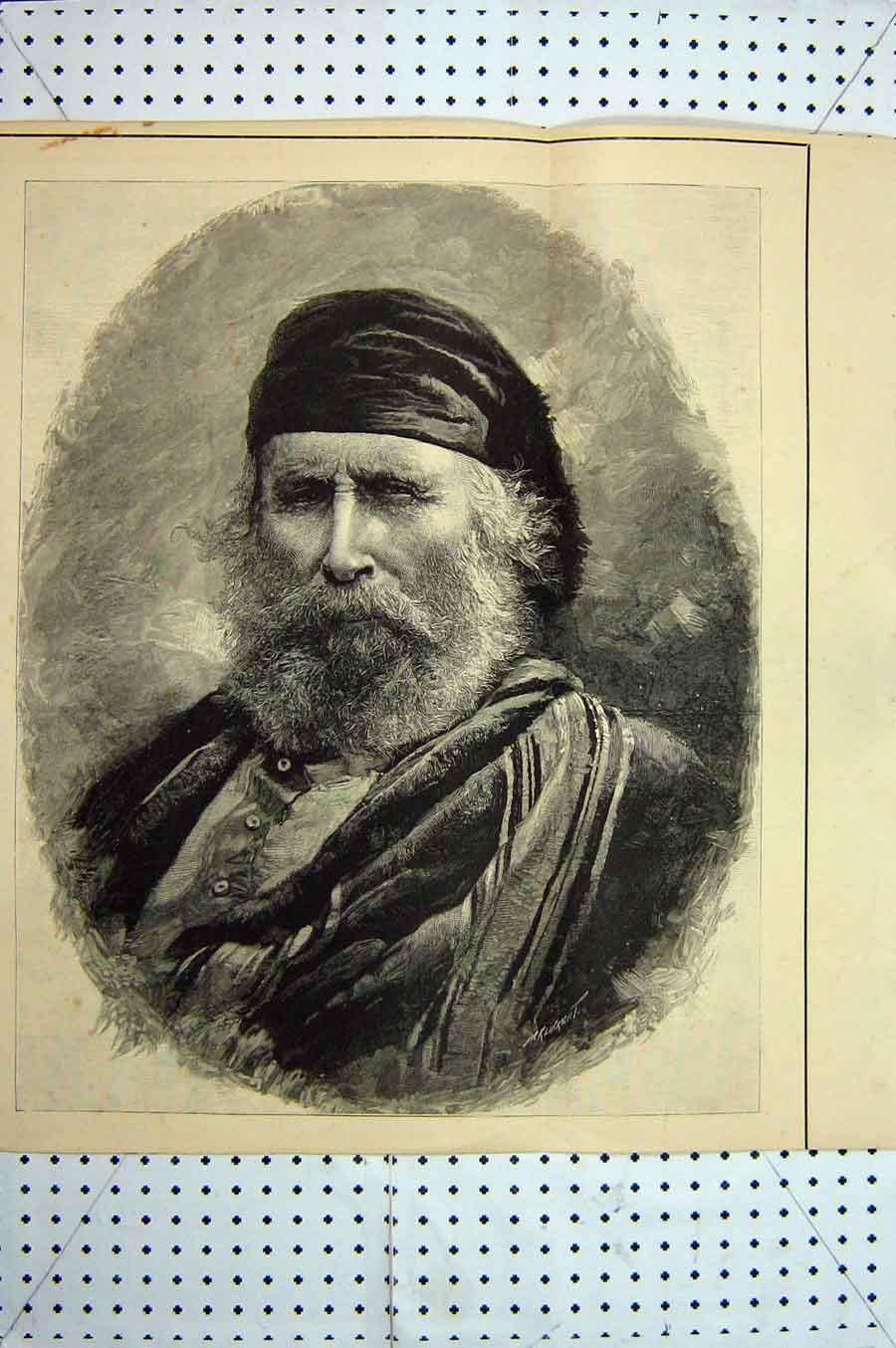 Original Old Antique Print C1880 Portrait Bearded Man Hat Fine Art Victorian