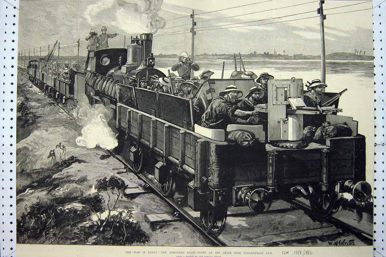 Original Old Antique Print War Egypt 1882 Armoured Train Nordenfeldt Gun Siers