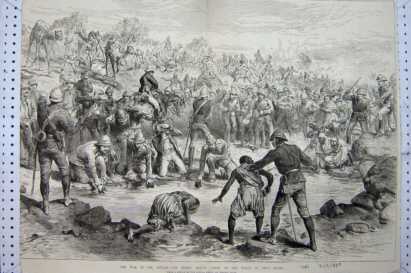 Original Old Antique Print 1885 War Soudan Desert March Siers Water Abou Halfa