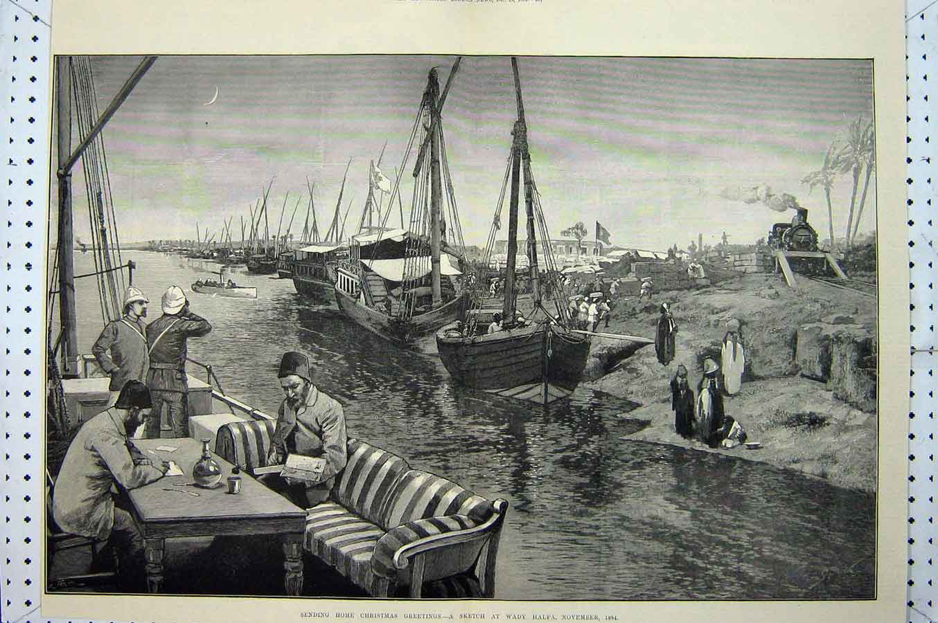 Original Old Antique Print 1884 Wady Halfa War Siers Ships Boats Table Chair