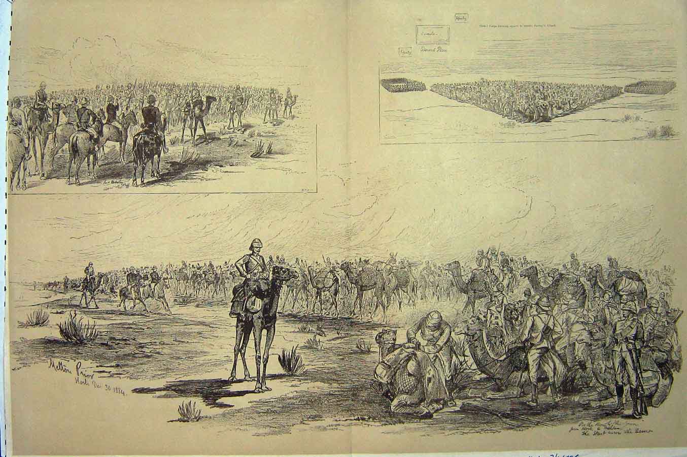 Original Old Antique Print 1885 War Khartoum Korti Metammeh Desert Siers 19th
