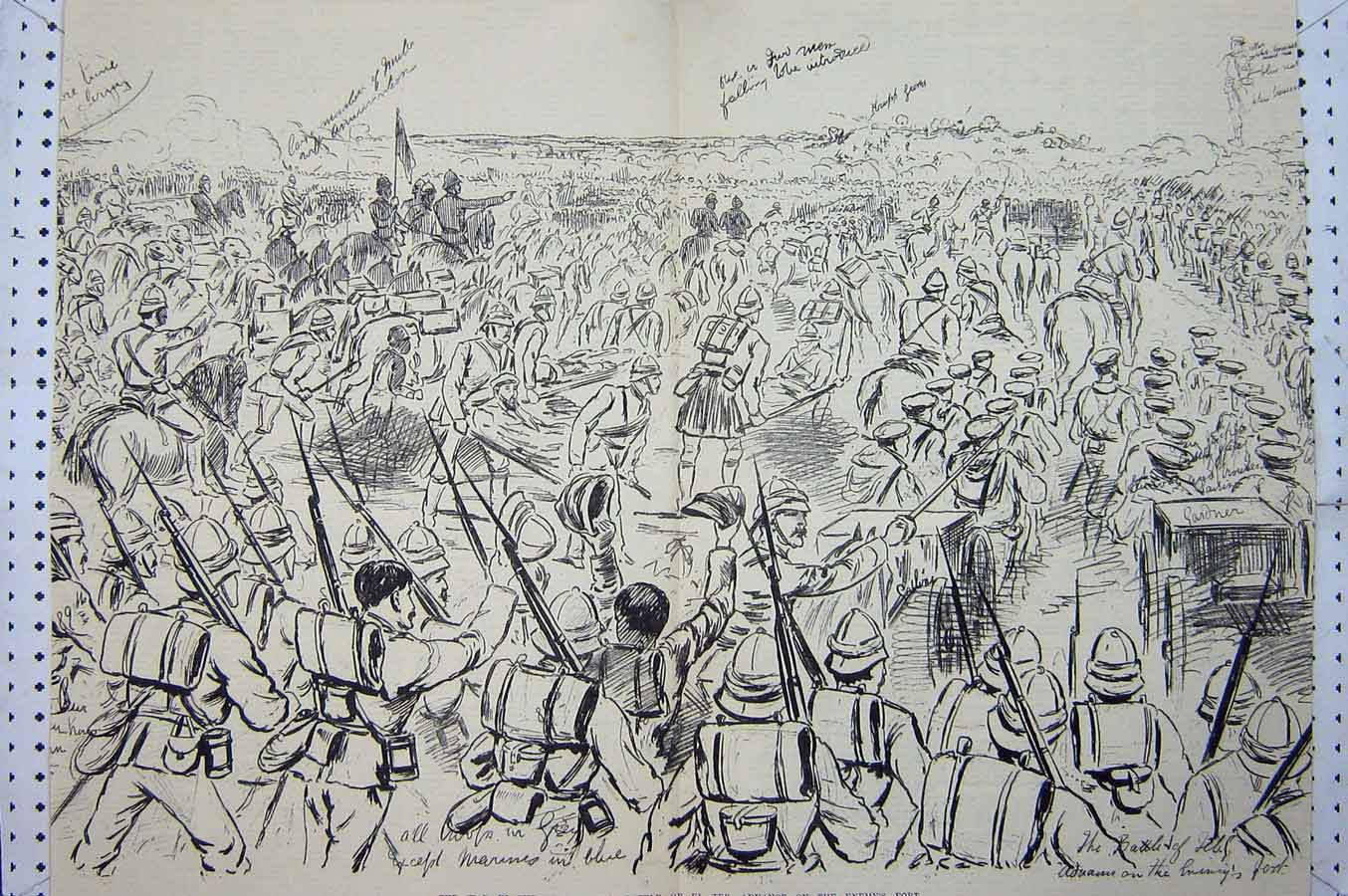 Original Old Antique Print War Soudan Battle El Teb Siers Advance Graham 1884