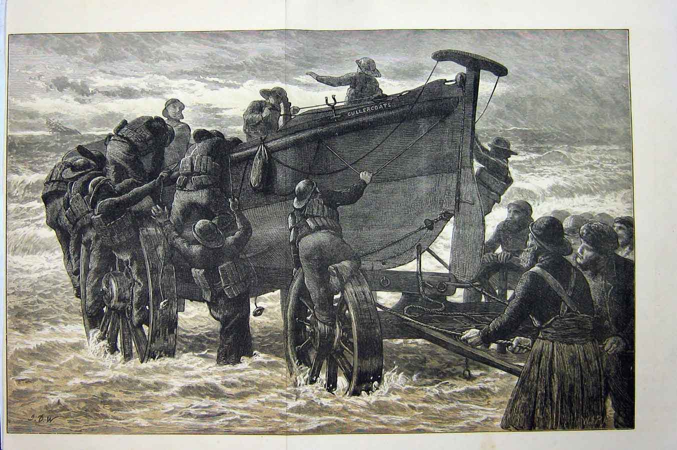Old Antique Print 1872 Watson Life Boat Launching Men Stormy Sea Fine Art 19th
