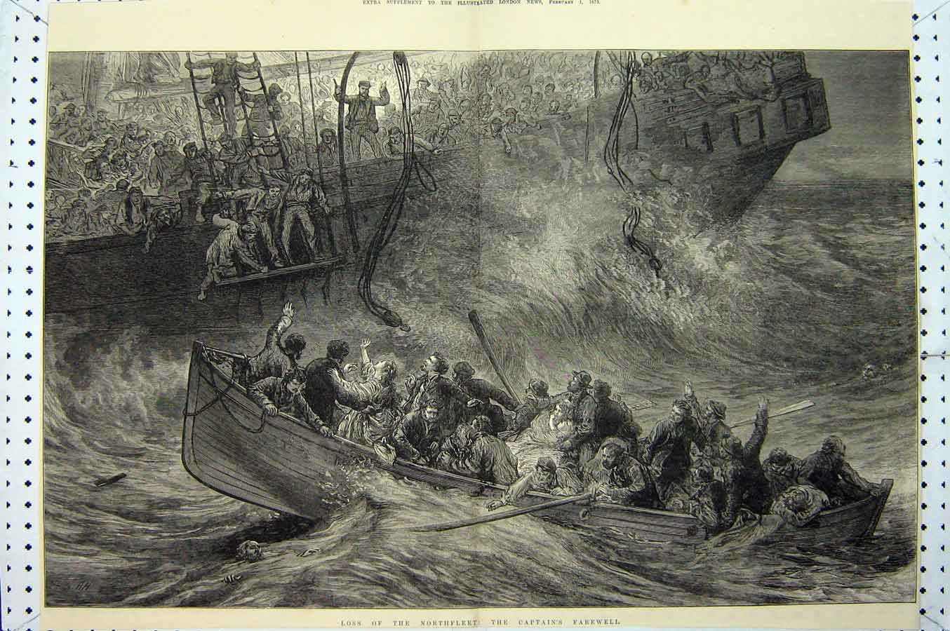 Original Old Antique Print 1873 Northfleet Ship Stormy Sea Boat People Fine Art