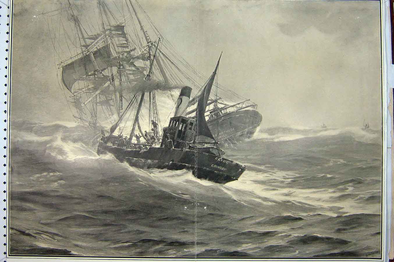 Old Antique Print 1900 Crew Anna Mathilda Grimsby Trawler Clyde Ship Sea 20th