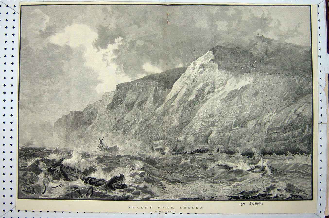 Old Antique Print 1890 Beachy Head Sussex Ship Wreck Stormy Sea Fine Art 19th
