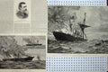 Old Antique Print 1887 Fire Steam Ship City Montreal Atlantic Ocean Sea 19th