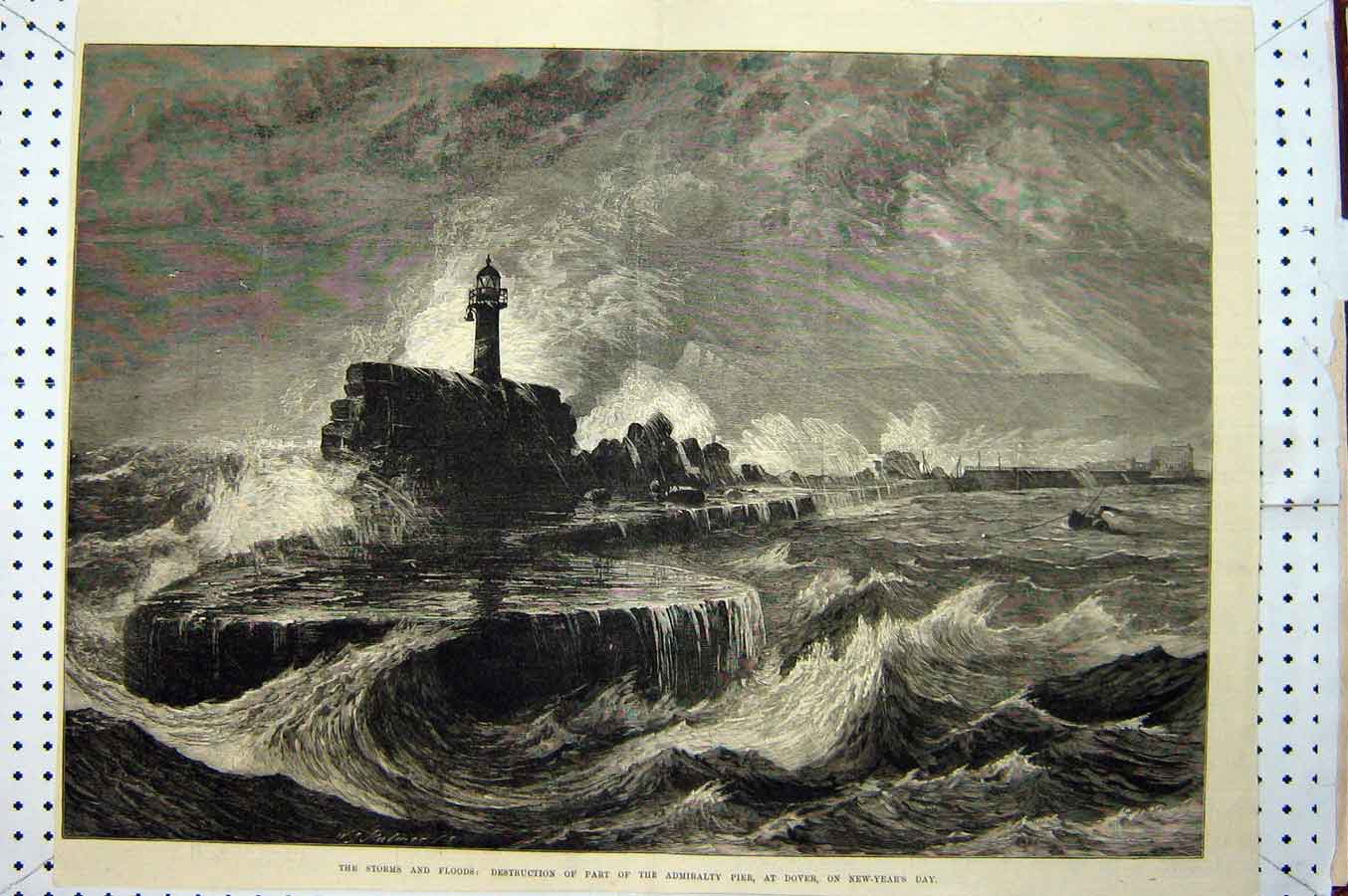 Old Antique Print 1877 Storm Destruction Admiralty Pier Dover Light-House 19th