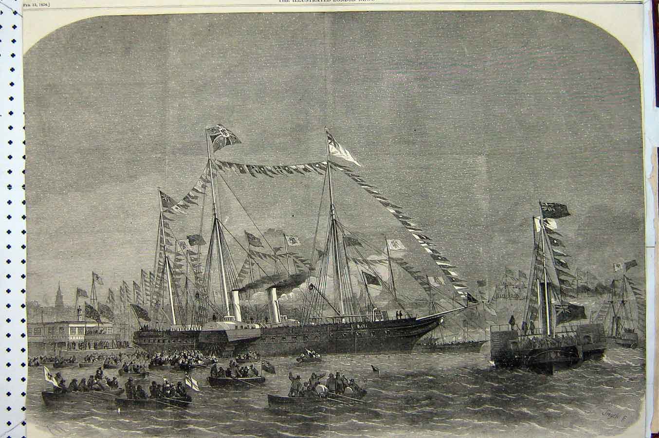 Old Antique Print 1858 Gravesend Victoria Albert Royal Yacht Ship Prussia 19th