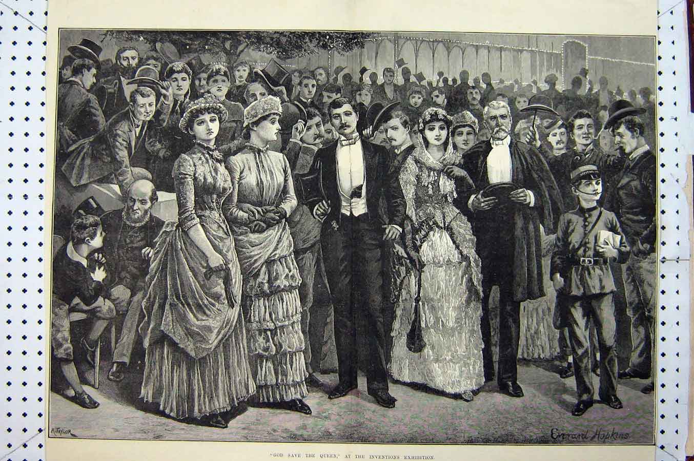 Old Antique Print 1885 Inventions Exhibition Singing God Save Queen Art 19th