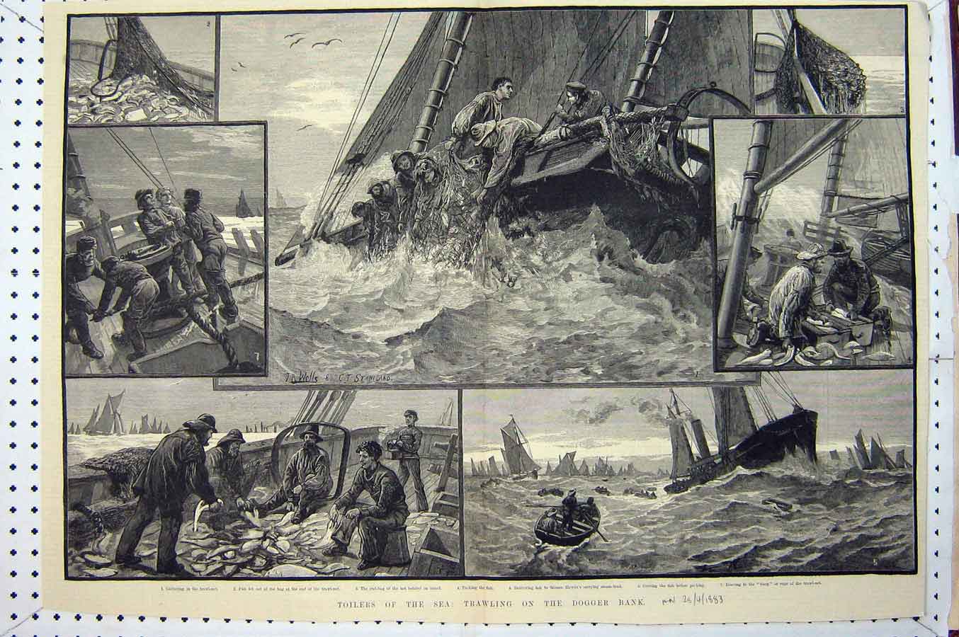 Original Old Antique Print 1883 Sea Fishing Trawler Boats Dogger Bank Fine Art