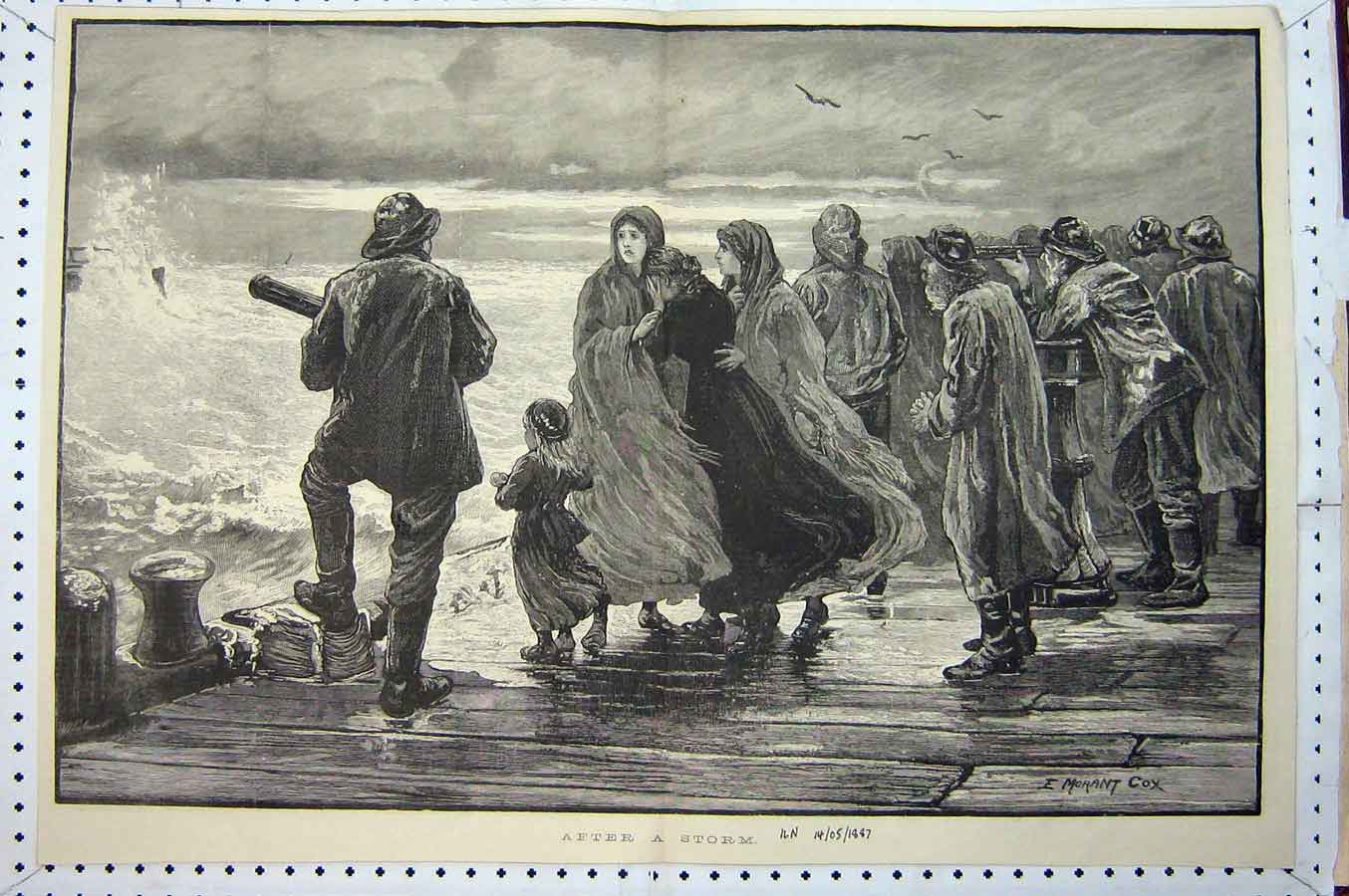 Original Old Antique Print 1887 People Sea Storm Pier Children Fine Art 19th