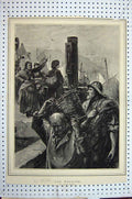 Original Old Antique Print 1886 Knowles Fine Art Fishing Boats Nets Basket Pier