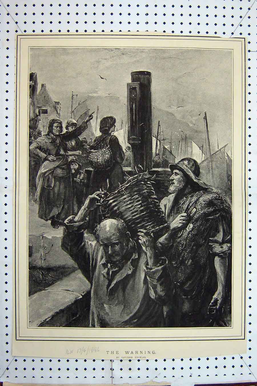 Original Old Antique Print 1886 Knowles Fine Art Fishing Boats Nets Basket Pier