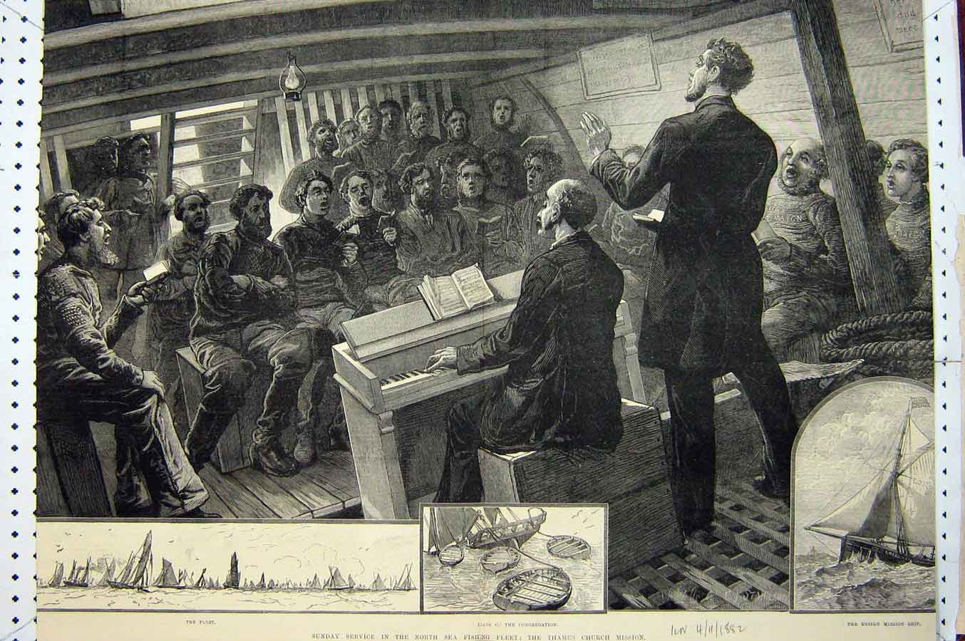 Old Antique Print 1882 North Sea Fishing Fleet Sunday Service Ensign Ship 19th
