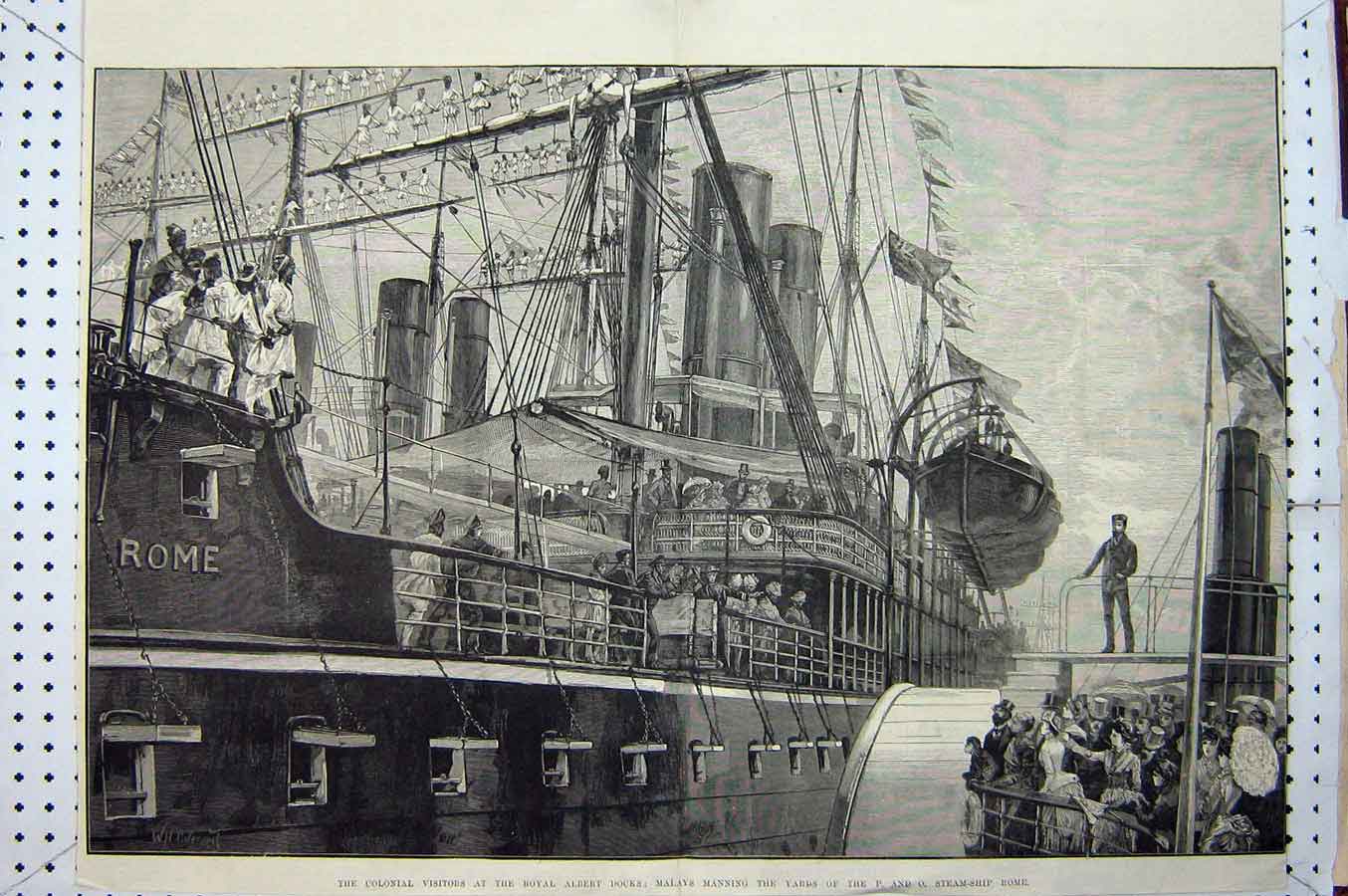Old Print Ref.996 1886 Royal Albert Docks Malays P And O Steam Ship Rome