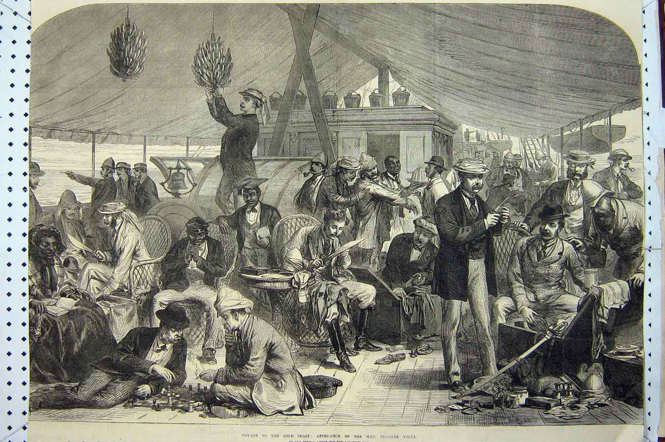 Original Old Antique Print 1873 GCoast Mail Steamer Volta Ship Passengers 19th