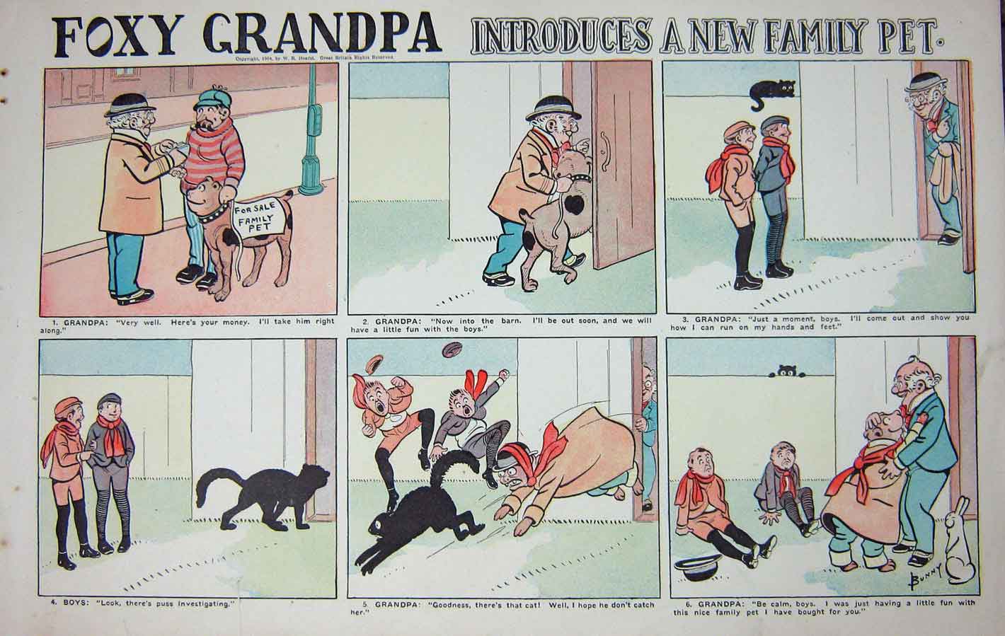 Old Antique Print 1904 Pet Dog Cat Children Foxy Grandpa Cartoon Colour 20th
