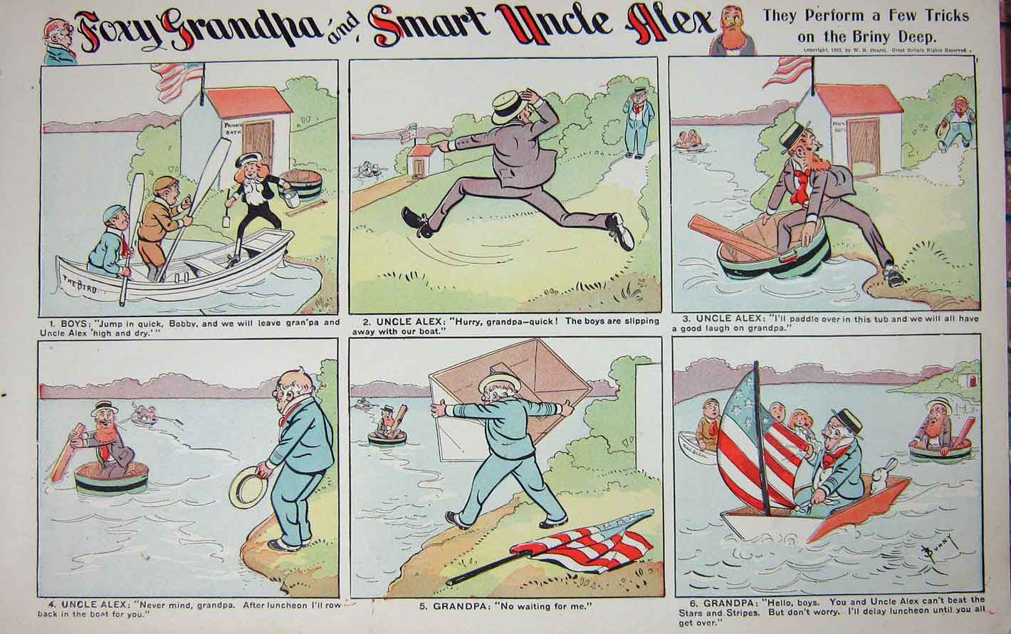 Old Antique Print Foxy Grandpa Cartoon 1903 Uncle Alex Children Boat Race 20th