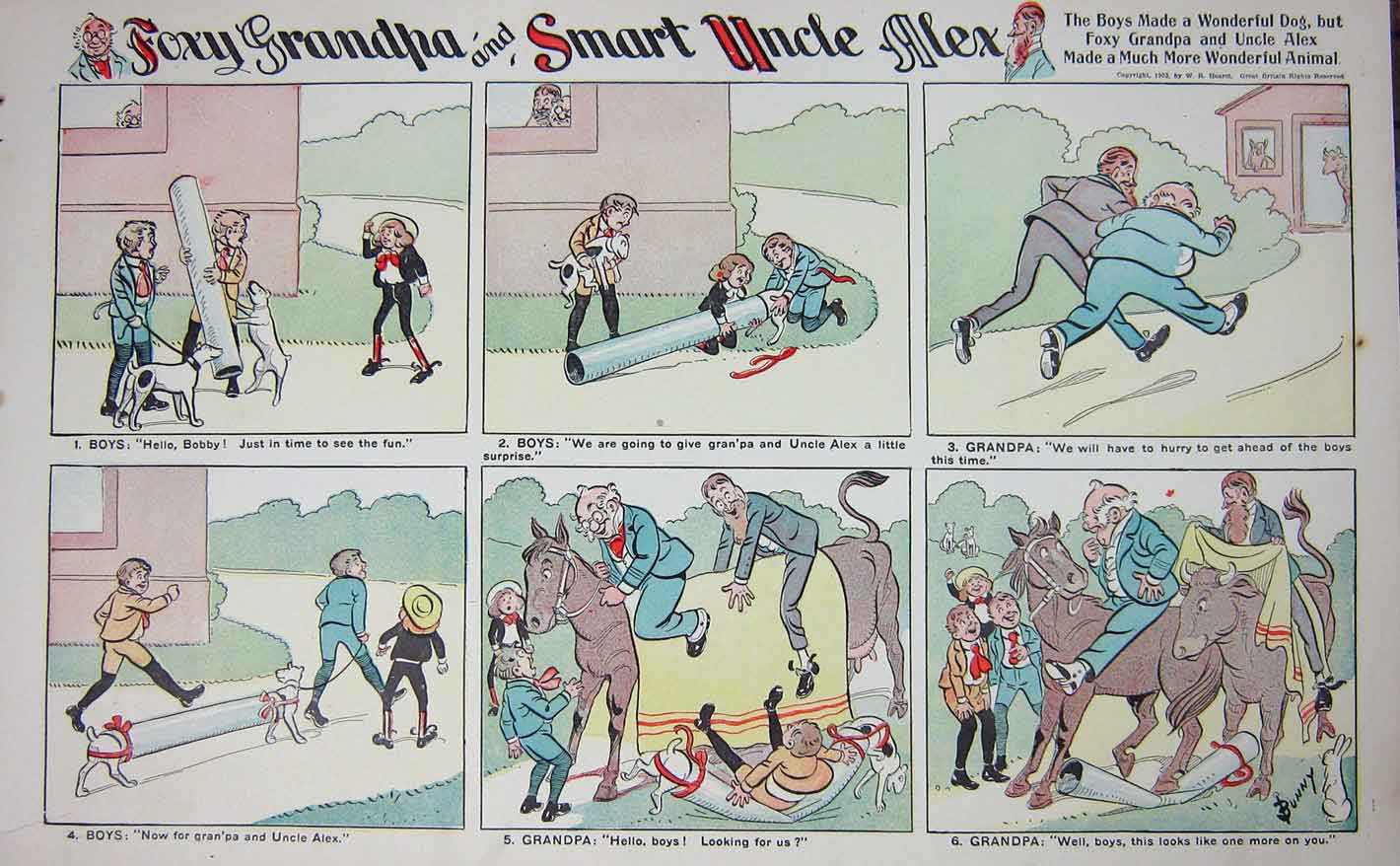Original Old Antique Print Children Horses Cow Foxy Grandpa Cartoon 1903 20th