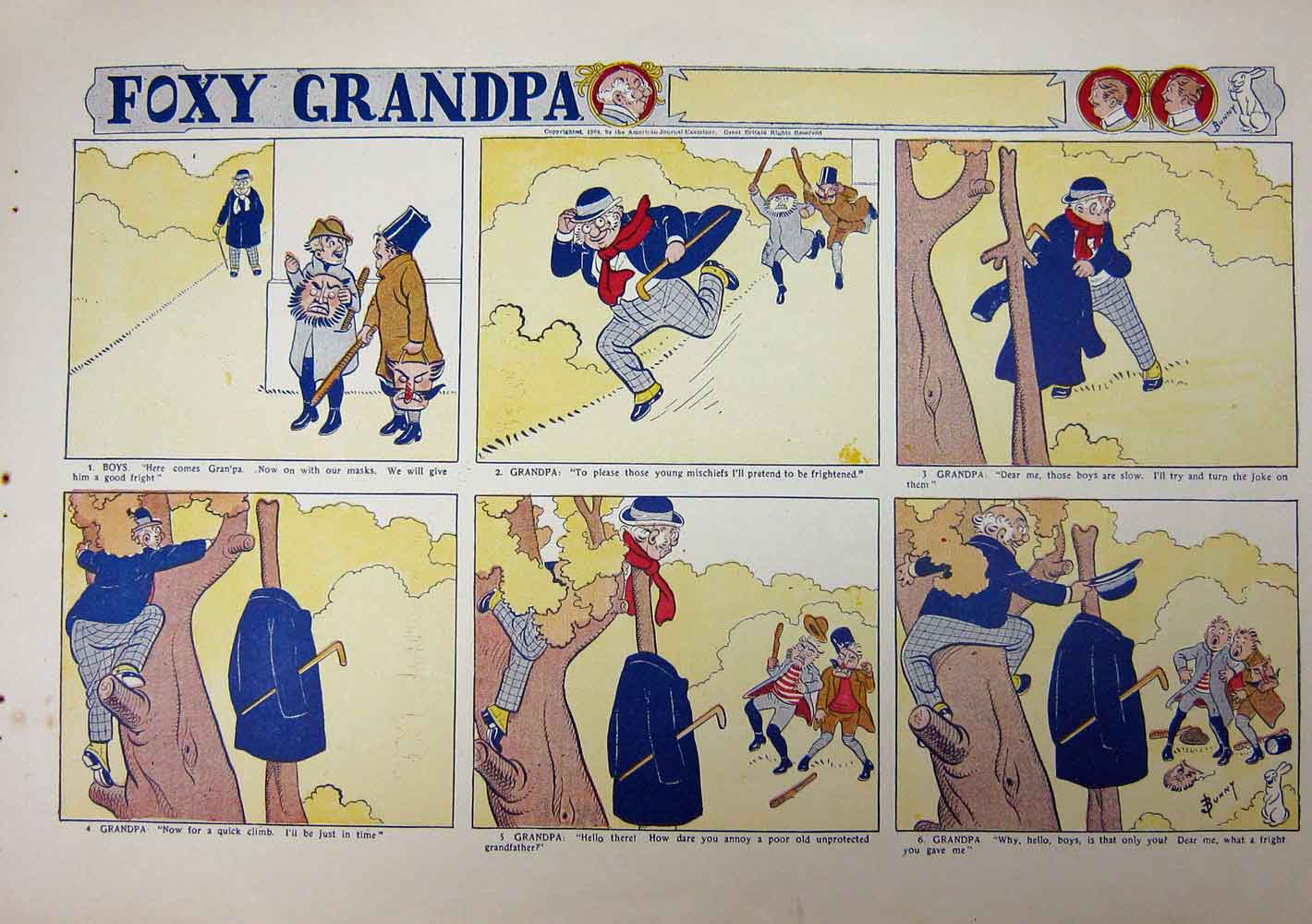 Old Antique Print Foxy Grandpa Cartoon 1904 Children Climbing Trees Boys 20th