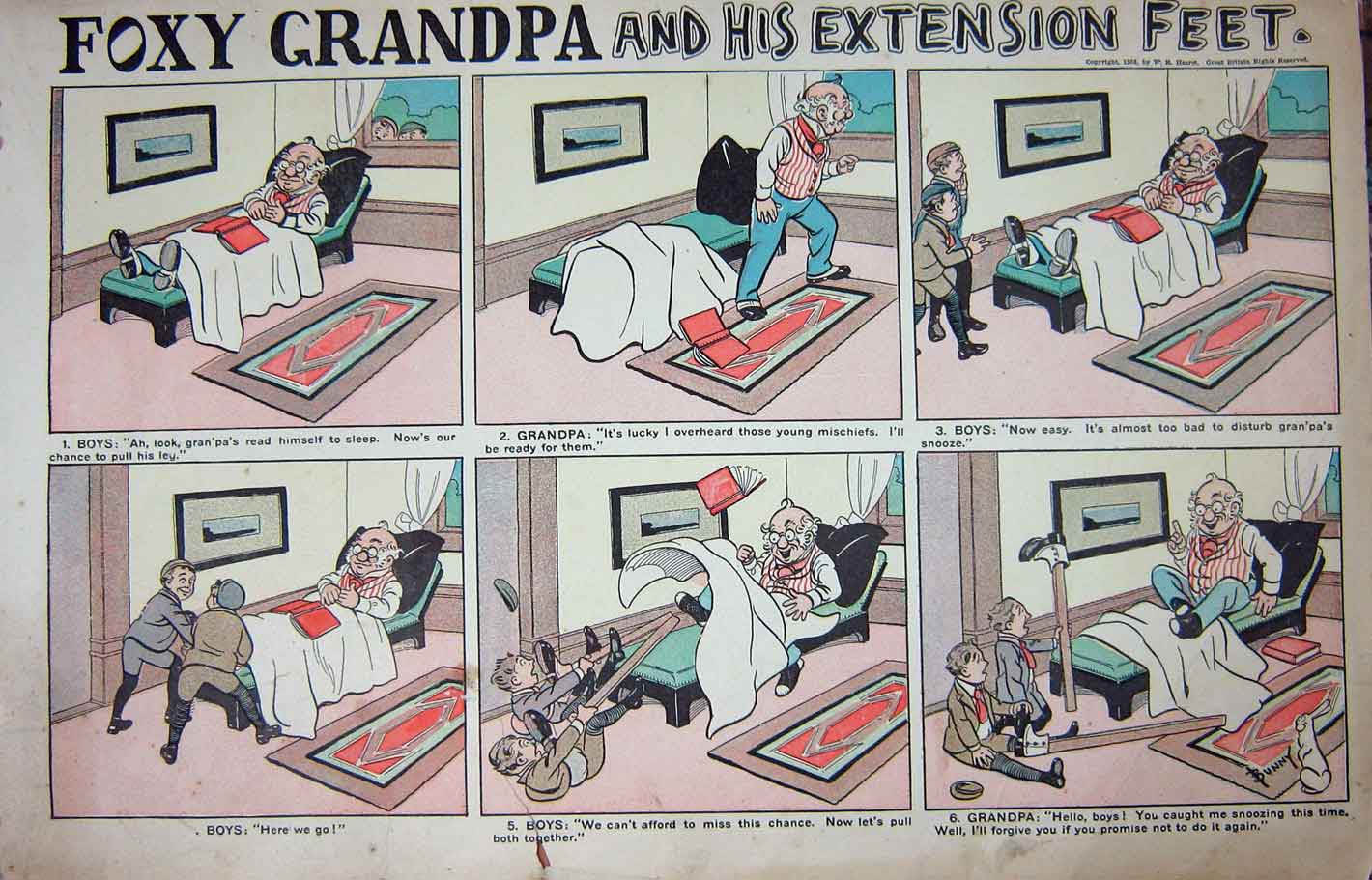 Original Old Antique Print Foxy Grandpa Cartoon 1903 Children Sleeping Colour