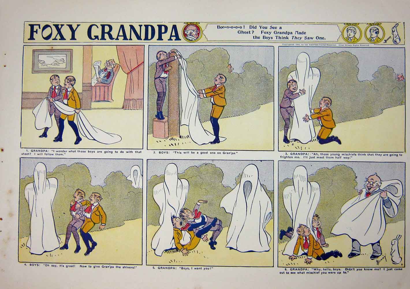 Original Old Antique Print Foxy Grandpa Cartoon 1904 Children Boys Ghost Sheet