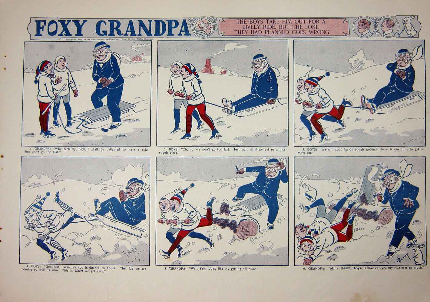 Old Antique Print Foxy Grandpa Cartoon 1905 Children Snow Sledge Winter 20th